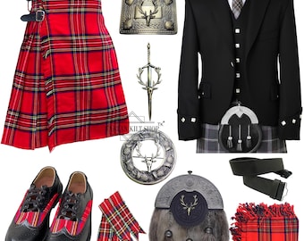 Men's Scottish 10 Pieces Stage Head Sporran Argyle Jacket kilt outfit Traditional Highland Kilt outfit Available in 50+ Tartans