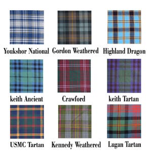 May include: Nine different tartan patterns, each with a unique color combination and design. The tartans are labeled with their names: Youkshor National, Gordon Weathered, Highland Dragon, keith Ancient, Crawford, keith Tartan, USMC Tartan, Kennedy Weathered, and Lugan Tartan.