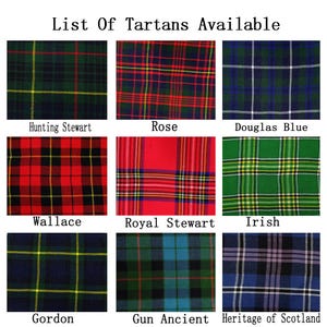 May include: A collage of nine different tartan patterns, each with a name label underneath. The tartans include Hunting Stewart, Rose, Douglas Blue, Wallace, Royal Stewart, Irish, Gordon, Gun Ancient, and Heritage of Scotland.