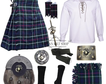 Men's Scottish 10 Pieces US-Marine Sporran kilt Set Traditional Highland Wedding Kilt outfit Available in 45+ Tartans
