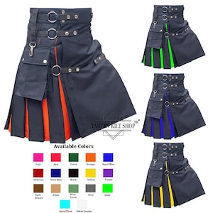 Men&#39;s Scottish Black Utility Pride Kilt In Color Pleats Hybrid Kilt Sizes 28&quot; to 62&quot;