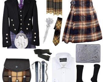 May include: A black kilt outfit with a brown and black tartan kilt, a black jacket, a white shirt, a black sporran, a black leather belt, a silver kilt pin, a brown and black tartan tie, a pair of black socks, and a silver kilt buckle.