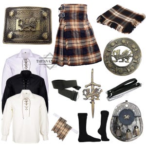Scottish Men&#39;s 11 Pieces Dragon Sporran kilt outfit Traditional Highland Kilt set Available in 45+ Tartans