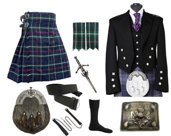 Skotsk herrjacka med 8 delar, tistel-sporranjacka och kilt, traditionellt höglandsset, finns i 45+ tartaner.