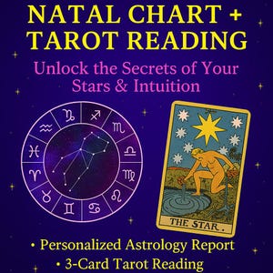 Carta Natal y Lectura de Tarot Personalizadas / Informe Astrológico Personalizado y Tirada de Tarot de 3 Cartas / Descubre los Secretos de tus Estrellas e Intuición