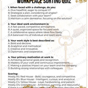 May include: A printable quiz with a gold and green background. The quiz is titled "HP Wizard House Cup Workplace Sorting Quiz". The quiz asks four questions about your work style and ideal work environment. The quiz results are based on four houses: Red, Blue, Yellow, and Green.