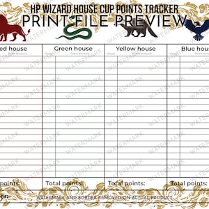 May include: Printable Harry Potter house cup points tracker with a gold background. The tracker has four columns for each house: Red, Green, Yellow, and Blue. Each column has a visual representation of the house mascot, a space for the house name, and a grid for tracking points. The bottom of the tracker has a space for the total points and the winner.