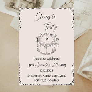 d'invitation de fête d'anniversaire coquette minimaliste | Invitation modifiable imprimable, Salut à trente ans, invitation d'anniversaire de noeud de coquette