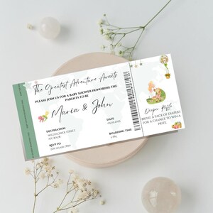 Invitación con tarjeta de embarque para baby shower La aventura te espera en color verde pastel, invitación con tarjeta de embarque, bebé en camino, rifa de pañales