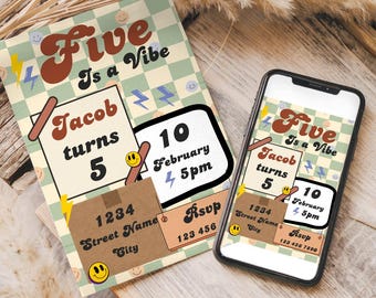 Five is a Vibe Boys födelsedagsinbjudan, retro 5-årsdagsmall, redigerbar digital nedladdning, rolig festinbjudan, cool festcanvasmall