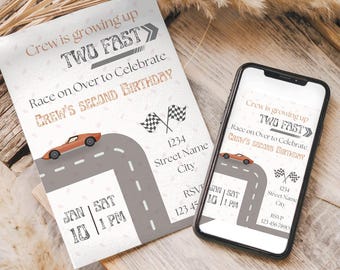Two fast kids Birthday Invitation Template, Editable Race Car Theme, second Birthday, Printable Canva Invite, Instant Download
