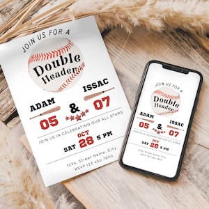 May include: A baseball-themed invitation with the words "Double Header" on a baseball graphic. The invitation includes details for Adam and Issac, with the date, time, and RSVP information. A smartphone displays the same invitation.