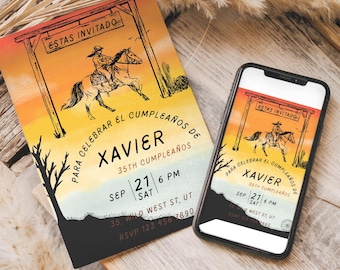 Wild West Vaquero Birthday Invitation, Editable Vintage Cowboy Invite, Spanish theme, 30th 40th 50th bday Template,  Invitacion Vaqueros