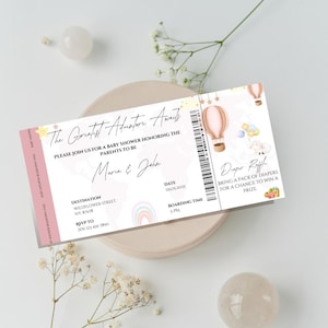 Invitación con tarjeta de embarque para baby shower La aventura te espera en color rosa pastel, invitación con tarjeta de embarque, bebé en camino, rifa de pañales