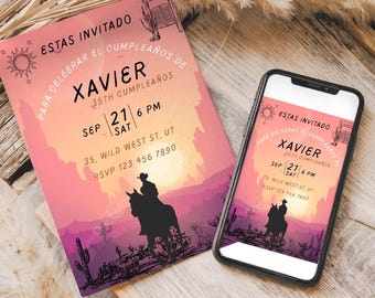 Wild West Vaquero Birthday Invitation, Editable Vintage Cowboy Invite, Spanish theme, 30th 40th 50th bday Template,  Invitacion Vaqueros