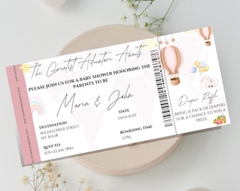 Baby Shower Adventure Template, Boarding Pass Invitation, Pastel Pink Travel Theme, Editable & Printable, Adventure Awaits, Diaper Raffle