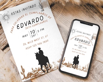 Wild West Vaquero Birthday Invitation, Editable Vintage Cowboy Invite, Rodeo theme, 30th 40th 50th bday Template,  Invitacion Vaqueros