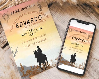 Wild West Vaquero Birthday Invitation, Editable Vintage Cowboy Invite, Spanish Fiesta, 30th 40th 50th bday Template,  Invitacion Vaqueros