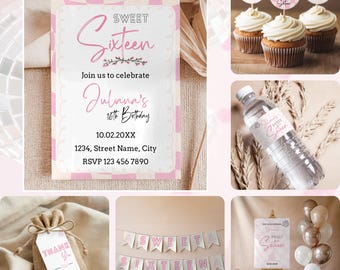 Edytowalny pakiet zaproszeń na urodziny Sweet 16, konfigurowalne banery Sweet Sixteen, znak powitalny, minimalistyczny pakiet imprezowy Retro Decor do wydrukowania