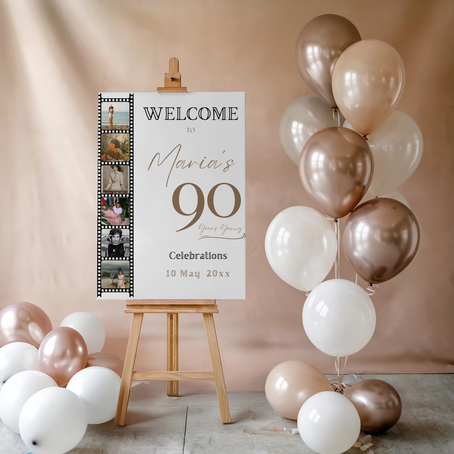 Welcome Sign Board 90th Birthday, Vintage Photo Reel Theme, Editable to ...