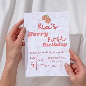 Berry First Birthday Invitation Template, Editable Canva Strawberry-Themed Party Invite, Digital 1st Birthday Printable Design