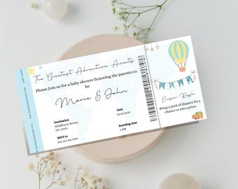 Adventure awaits baby shower boarding pass Invite in pastel blue color theme, Boarding pass Invitation, Baby on the way, Diaper raffle