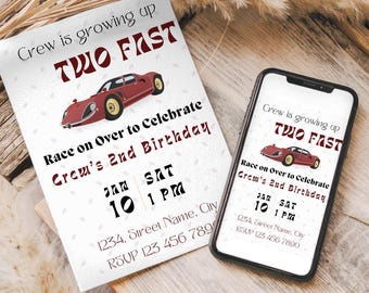 Two Fast Birthday Printable, Kids Race Car Party Invite, Race Car birthday, two fast two curious, second Birthday, Editable Digital Download