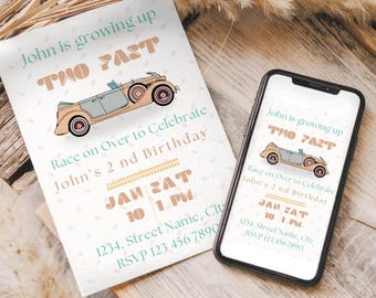 Two fast kids Birthday Invitation, Editable Vintage Car Theme, Boys second Birthday, Editable Printable Canva template, two fast two curious