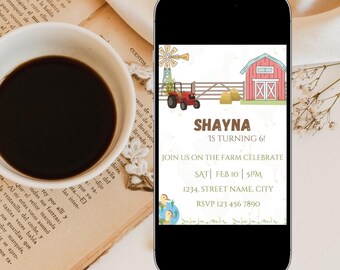 May include: A digital invitation for a farm-themed birthday party. The invitation features a red barn, a tractor, hay bales, and a windmill. The text on the invitation reads "Shayna is turning 6!" and includes the date, time, and location of the party. RSVP information is also included.