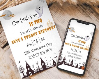 Toddler Boy Halloween Birthday Invitations, Editable Ghost Party Invite, Fun Printable 2nd Birthday Template, our little Boo is two design