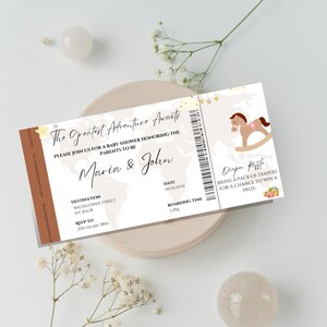 Invitación con tarjeta de embarque para baby shower La aventura te espera en color marrón, invitación con tarjeta de embarque, bebé en camino, rifa de pañales