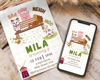 Oink Baa Moo Turning Two Birthday Invitation, Editable Farm Animal Invite, Instant Download Canva Template