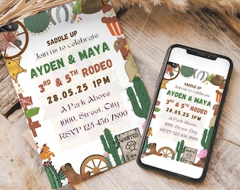 Twin First Rodeo Birthday Invitation, Printable Cowboy Invite, Fun Western Theme for Siblings' Celebration, saddle up for rodeo, wild west