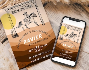 Wild West Vaquero Birthday Invitation, Editable Vintage Cowboy Invite, Spanish theme, 30th 40th 50th bday Template,  Invitacion Vaqueros