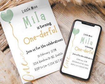 Invitación minimalista de cumpleaños maravillosa, invitación digital personalizable para niños, plantilla imprimible para el primer cumpleaños de niñas, pequeña señorita One-derful
