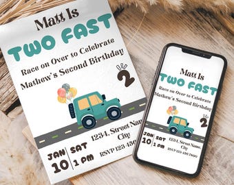 Two Fast Birthday Invitation, Kids Race Car theme, Race Car birthday paty, two fast two curious, second Birthday, Editable Digital Download
