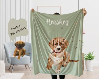 Custom Pet Portrait Blanket, Personalized Dog Cat Photo Fleece Throw