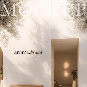 May include: A minimalist outdoor scene with a white wall, a wooden bench, and a doorway leading to an interior space. The text "aroma.brand" is displayed on the wall. The image has a neutral color palette with shadows.