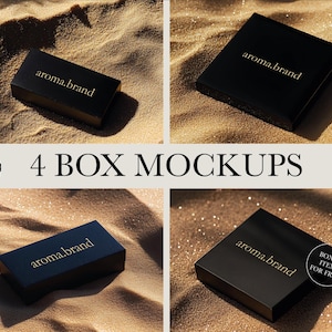 Puede incluir: Cuatro maquetas de una caja negra con el texto "aroma.brand" en letras doradas sobre un fondo arenoso.