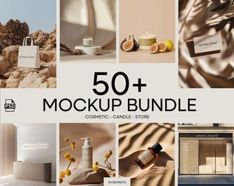 May include: A mockup bundle of 50+ cosmetic, candle, and store product mockups. The mockups feature a variety of products, including candles, bottles, boxes, and bags. The mockups are set against a variety of backgrounds, including wood, concrete, and fabric. The text "aroma.brand" appears on several of the mockups.