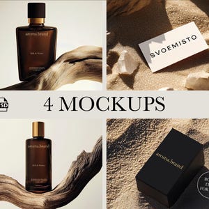 Pacote de mockups de 4+1 presentes, mockup de frasco de cosméticos, embalagem para cuidados com a pele, design PSD premium, exibição de produto AI, mockup de cartão, cartão de visita