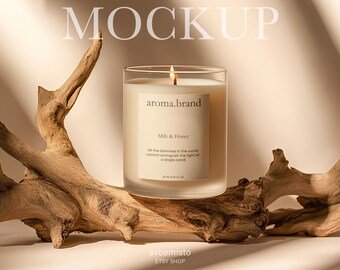 Minimalistic Candle Jar Mockup, Candle Branding Mockup, Candle Label Mockup Product Packaging Mockup, Aesthetic Glass Candle Mockup Beige AI