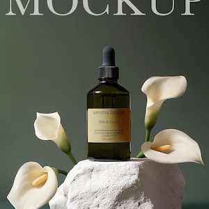 Amber Serum Bottle Mockup PSD | Dropper Bottle Mockup for Skincare | Editable Cosmetic Bottle Template AI
