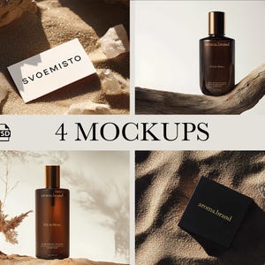 Może przedstawiać: Cztery makiety brązowej szklanej butelki ze złotą zakrętką i etykietą z napisem "aroma.brand". Butelka znajduje się na różnych tłach, w tym piasku, drewnie i białej kartce z tekstem "SVOEMISTO".