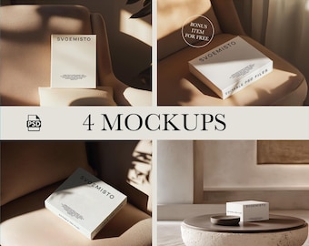 May include: Four mockups of a white box with the text "SVOEMISTO" and "EDITABLE PSD FILES" on a beige armchair with natural light. The box is on the armrest of the chair in three of the mockups and on a white table in the fourth mockup.