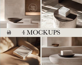 May include: Four mockups of product packaging on different backgrounds. The mockups feature a white box with the text "SVOEMISTO" and "EDITABLE PSD FILES" on it. The backgrounds include a light brown wall, a light brown table, a light brown couch, and a light brown floor.
