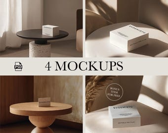 May include: Four mockups of a white box with the text "SVOEMISTO EDITABLE PSD FILES" on a variety of surfaces, including a wooden table, a white couch, and a beige armchair. The box is a product mockup for branding and design.