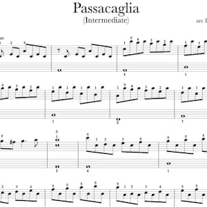 Op de afbeelding: Muziekpartituur voor "Passacaglia (Intermediate)" van Daniel Badelita. De muziek is in zwart op wit geschreven, met G-sleutels en bassleutels, en muzieknoten. Het tempo is aangegeven als 120 slagen per minuut.