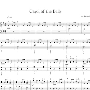 Peut inclure: Partition de musique pour la chanson "Carol of the Bells" arrangée par Daniel Badelita. La musique est écrite en notation standard avec une clé de sol et une clé de fa. La musique comprend une partie de piano et une partie vocale. La musique est en clé de Do majeur et la signature rythmique est 4/4.