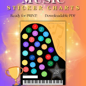 Utskrivbar musikklistermärke Belöningstabell | 28 dagars pianoövning | Studenter och barn | PDF i A4-storlek